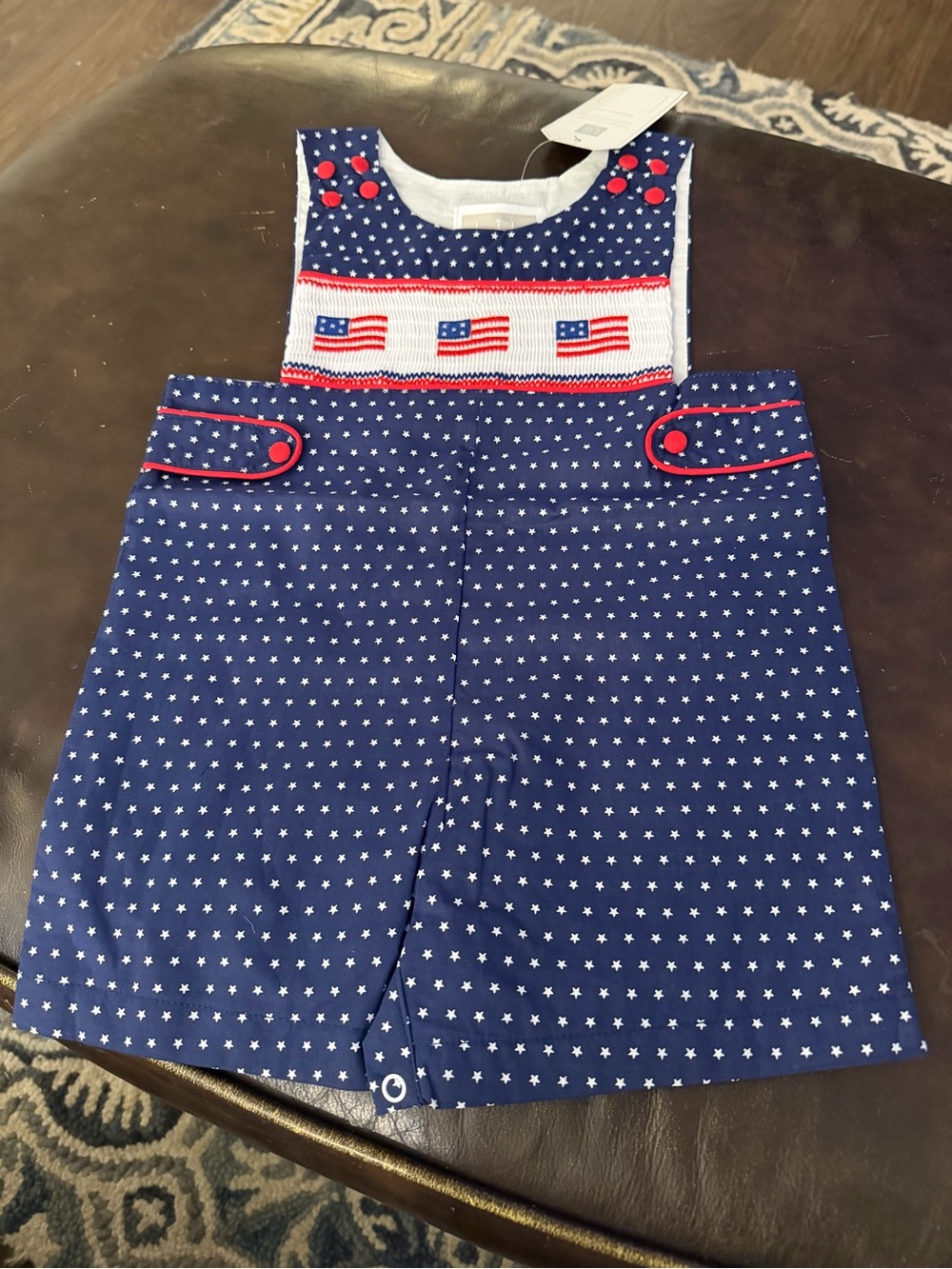 Navy Star Smocked Kids One-Piece with Red Trim